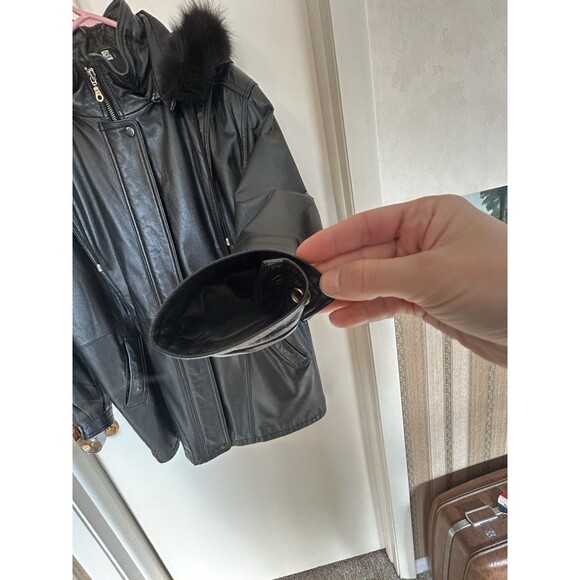 Field Gear Womens Black Leather Parka Coat Fox Tail Removable Hood Large - Picture 8 of 16
